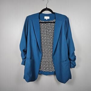 Skies Are Blue Womens L Open Front Ruched Sleeve Blazer Officecore Workwear Blue